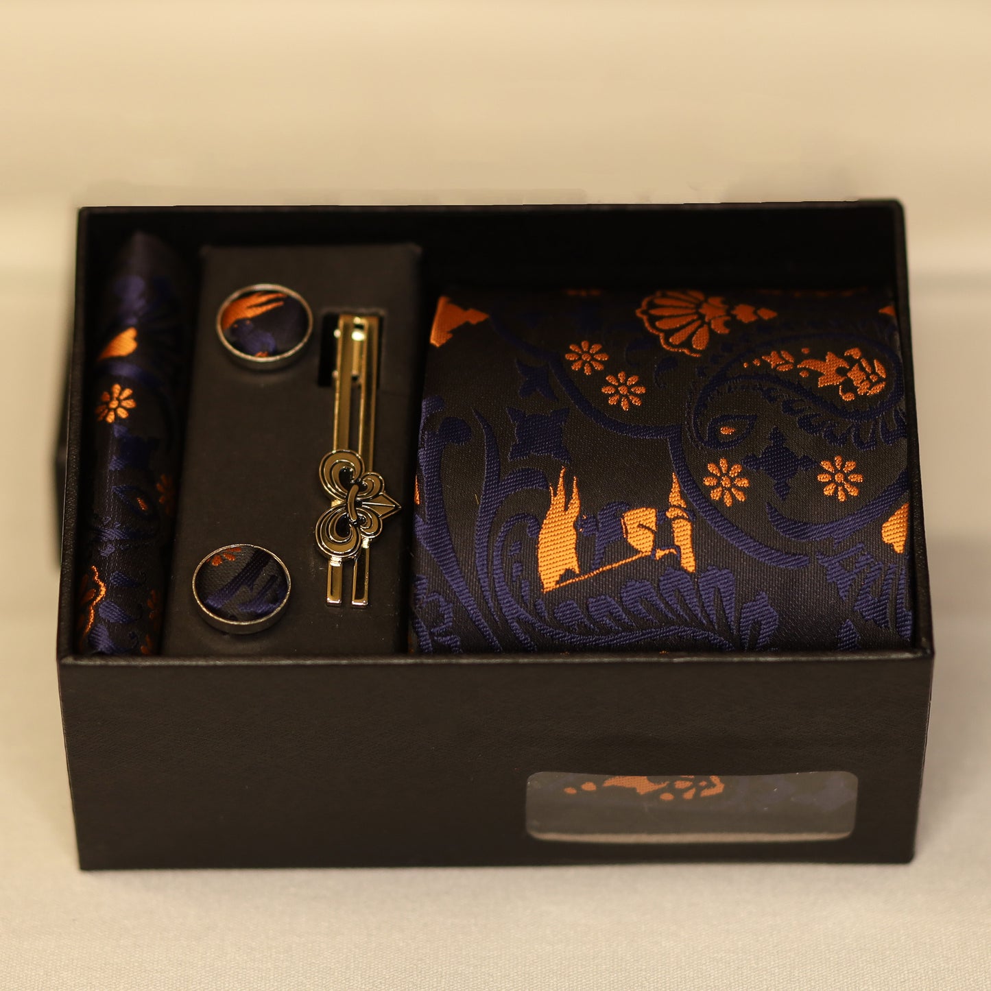 Ensemble Cravate, Mouchoir de Poche, Pince à Cravate et Boutons de Manchette à Motif Bleu, Noir et Orange - Gentlemen's Code